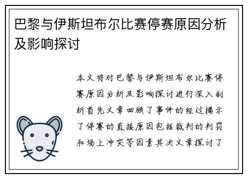 巴黎与伊斯坦布尔比赛停赛原因分析及影响探讨